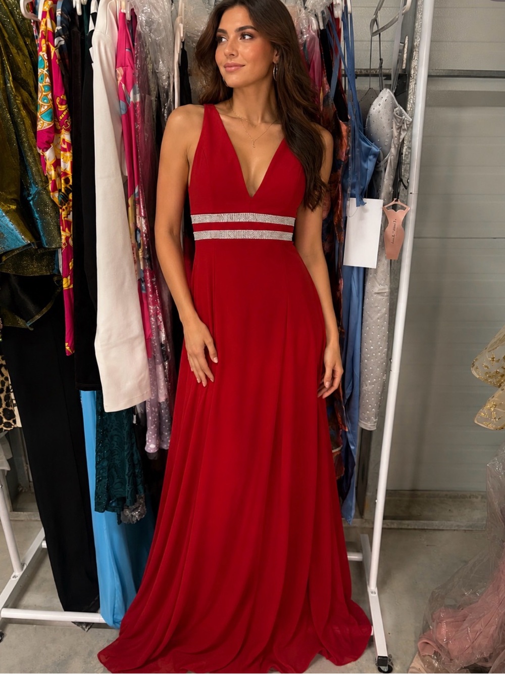 May Queen Red V-Neck Prom Gown with Silver Waistband